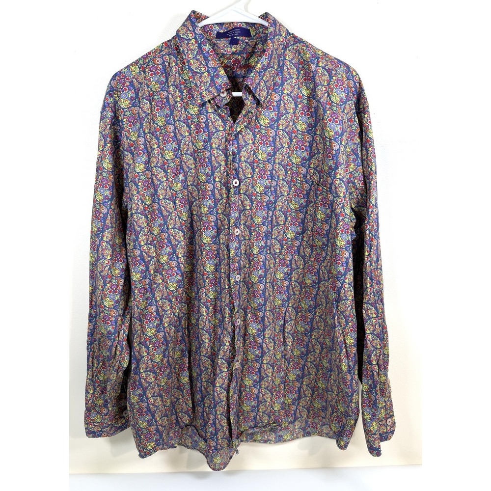 Alan Flusser Men's L Multicolor Vibrant Floral Cotton Point Collar Shirt Blue
